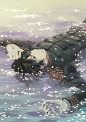  1boy afloat alternate_color axis_powers_hetalia bad_id bad_pixiv_id black_eyes black_hair cherry_blossoms epaulettes fingernails hands highres japan_(hetalia) kamamoto_(monotonecolor) looking_up lying male_focus military military_uniform on_back partially_submerged petals petals_on_liquid photoshop_(medium) solo uniform water 