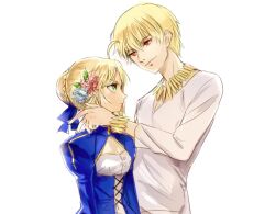  1boy ahoge arnoul artoria_pendragon_(fate) bad_id bad_pixiv_id blonde_hair bracelet dress fate/zero fate_(series) female flower gilgamesh_(fate) green_eyes hair_flower hair_ornament jewelry juliet_sleeves long_sleeves necklace official_alternate_costume photoshop_(medium) puffy_sleeves red_eyes saber_(fate) simple_background white_background 