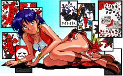  1990s_(style) ankle_lace-up bandana blue_eyes bob_cut bracelet card cross-laced_footwear dark-skinned_female dark_skin dithering earrings female flower full_body fushigi_no_umi_no_nadia gargoyle_(nadia) hair_ornament hairclip hanafuda hood jewelry king_(nadia) leaf light_smile lion long_legs lying maple_leaf mask nadia_la_arwall neck_ring necklace non-web_source official_art panties pantyshot pc-98_(style) pelvic_curtain pixel_art playing_card purple_hair retro_artstyle short_hair strapless translated tree tube_top underwear vest 