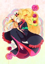  black_kimono blonde_hair blue_eyes breasts cleavage commentary_request female flower hair_flower hair_ornament hand_fan highres hiteihime_(katanagatari) japanese_clothes katanagatari kimono long_hair medium_breasts rose shinope smile solo 