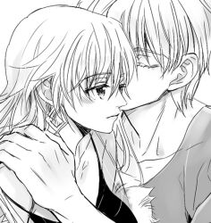  1boy arnoul arthur_pendragon_(fate) bad_id bad_pixiv_id closed_eyes couple earrings eyelashes fate/prototype fate/stay_night fate_(series) female genderswap_(ftm) genderswap_(mtf) gilgamesh_(fate) greyscale jewelry kissing long_hair monochrome photoshop_(medium) rule_63 straight 