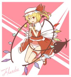  :d blonde_hair bridal_garter character_name commentary_request female flandre_scarlet front_slit hat hat_ribbon highres holding kawashina_(momen_silicon) laevatein_(touhou) open_mouth overskirt panties pantyshot red_eyes ribbon side_ponytail smile solo touhou underwear white_panties wings 