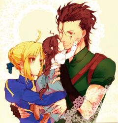  1boy 2girls ahoge artoria_pendragon_(fate) blonde_hair braid brown_hair commentary_request couple diarmuid_ua_duibhne_(lancer)_(fate) dress family fate/zero fate_(series) fingerless_gloves french_braid gloves green_eyes height_difference hug if_they_mated kissing lolicon mole mole_under_eye multiple_girls one_eye_closed saber_(fate) single_braid straight youaresober 