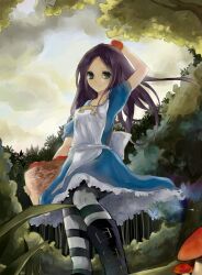  absurdres alice:_madness_returns alice_liddell_(american_mcgee&#039;s_alice) american_mcgee&#039;s_alice apple bad_id bad_pixiv_id basket black_hair blush boots bug butterfly dj.adonis female food fruit green_eyes highres long_hair looking_at_viewer mushroom pantyhose solo striped_clothes striped_pantyhose 