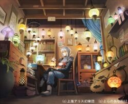  1boy 2012 ahoge book bookshelf boots chair commentary_request curtains esukee glasses indoors lamp lantern loaded_interior male_focus morichika_rinnosuke room sitting touhou watermark white_hair 