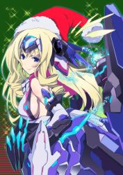  blonde_hair blue_eyes blue_tears_(infinite_stratos) breasts cecilia_alcott commentary_request female hat infinite_stratos large_breasts long_hair okiura photoshop_(medium) santa_hat sideboob smile solo sparkle 