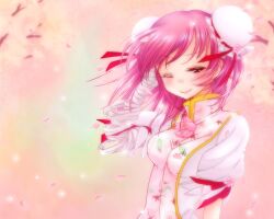  aerokinesis alternate_costume bandages bun_cover cherry_blossoms closed_eyes commentary_request double_bun female flower hair_bun ibaraki_kasen one_eye_closed pink_hair red_eyes rose short_hair smile solo touhou wind yukiaoi 