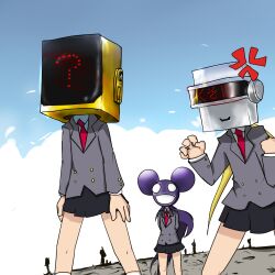  3girls ? anger_vein bad_id bad_pixiv_id blazer blonde_hair cosplay daft_punk deadmau5 goshiki_agiri guy-manuel_de_homem-christo guy-manuel_de_homem-christo_(cosplay) jacket kill_me_baby multiple_girls oribe_yasuna photoshop_(medium) purple_hair rainbow_smoke school_uniform skirt sonya_(kill_me_baby) thomas_bangalter thomas_bangalter_(cosplay) 