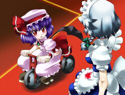  2girls bat_wings blood blood_on_clothes blue_dress blue_hair blush braid commentary_request dress grey_hair ground_vehicle hat izayoi_sakuya lolicon maid multiple_girls oerba_yun_fang open_mouth pink_dress raionsan red_eyes remilia_scarlet touhou tricycle wings 