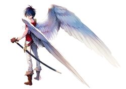  1boy angel_wings belt black_eyes black_hair boots brown_gloves chkuyomi full_body gloves large_wings looking_at_viewer male_focus sheath sheathed solo standing sword tenkuu_no_escaflowne van_fanel weapon white_background wings 