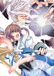  2girls blue_eyes brown_hair commentary_request facial_mark feathers fingerless_gloves gloves hair_ribbon kurokoeda lightning long_hair long_sleeves lyrical_nanoha magical_girl mahou_shoujo_lyrical_nanoha mahou_shoujo_lyrical_nanoha_a&#039;s mahou_shoujo_lyrical_nanoha_the_movie_2nd_a&#039;s multiple_girls open_mouth puffy_sleeves raising_heart red_eyes reinforce ribbon short_twintails takamachi_nanoha takamachi_nanoha_(exelion_mode) teeth twintails white_background white_hair wings 