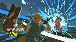  1boy absurdres blonde_hair blue_eyes bow_(weapon) brown_gloves champion&#039;s_tunic_(zelda) d.va_(overwatch) explosion fingerless_gloves gloves guardian_(zelda) highres jane_bak link one_eye_closed overwatch overwatch_1 parody play_of_the_game pointy_ears selfie sheikah_slate solo_focus sword sword_behind_back the_legend_of_zelda the_legend_of_zelda:_breath_of_the_wild tunic v_over_eye weapon weapon_on_back 