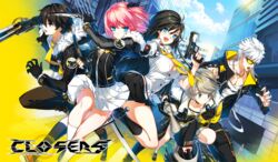  2girls 3boys :d black_eyes black_gloves black_hair black_legwear blue_eyes breasts brown_hair building chkuyomi closers cloud copyright_name fur-trimmed_jacket fur_trim gloves green_eyes gun hairband handgun j_(closers) jacket large_breasts long_hair looking_at_viewer miniskirt mistilteinn_(closers) multiple_boys multiple_girls necktie oerba_yun_fang open_mouth pink_hair reverse_grip seha_lee seulbi_lee skirt sky smile socks sunglasses sword very_long_hair weapon white_hair white_legwear white_skirt yuri_seo 