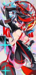  arm_up black_hair black_thighhighs blue_eyes boots breasts chkuyomi copyright_name female kill_la_kill large_breasts looking_at_viewer matoi_ryuuko midriff multicolored_hair navel red_hair scissor_blade_(kill_la_kill) senketsu short_hair signature skirt smile solo sparkle suspenders thigh_boots thighhighs two-tone_hair underboob 