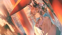  animal_ears architecture blush cloud east_asian_architecture female flower garuku grass hair_flower hair_ornament highres japanese_clothes kimono looking_at_viewer original sky smile solo tied_hair tree umbrella 