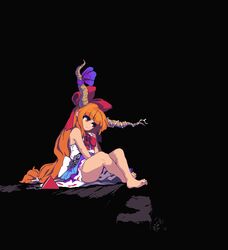  barefoot black_background blue_skirt bow bowtie commentary cuffs female full_body hairbow head_tilt horn_ornament horn_ribbon horns ibuki_suika long_hair low-tied_long_hair miniskirt namako_daibakuhatsu orange_eyes orange_hair pixel_art purple_ribbon pyramid_(geometry) red_bow red_bowtie ribbon ribbon-trimmed_skirt ribbon_trim shackles shirt simple_background sitting skirt solo torn_clothes torn_sleeves touhou v_arms very_long_hair white_shirt 