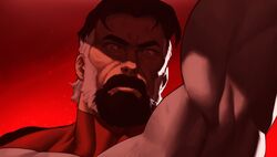  1boy absurdres beard black_hair closed_mouth commentary english_commentary facial_hair hand_up highres image_comics invincible_(series) looking_at_viewer male_focus mature_male muscular muscular_male nolan_grayson omni-man red_background red_theme shadow sideburns solo sotcho superhero_costume upper_body 