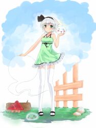  alternate_costume blush_stickers commentary contemporary female fence frills grass green_hair hair_ribbon hairband hitodama konpaku_youmu konpaku_youmu_(ghost) mushiboy mushroom ribbon rock solo thighhighs touhou white_hair wood 