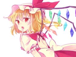  :o back_bow bare_back blonde_hair bow commentary_request crystal female finger_to_mouth flandre_scarlet hair_between_eyes hat hat_ribbon looking_back mizuki_(flowerlanguage) mob_cap puffy_short_sleeves puffy_sleeves rainbow_order red_eyes red_ribbon red_vest ribbon shirt short_sleeves solo touhou vest white_bow white_hat white_shirt wings 