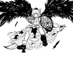  animal_ears bad_id bad_pixiv_id bird_wings cross-species_cosplay detached_sleeves feathers female frills greyscale hat inubashiri_momiji leaf monochrome shield short_hair solo sword tokin_hat touhou tsukiori weapon white_background wings wolf_ears 