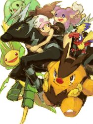  :d alternate_color archen audino baseball_cap brown_hair closed_mouth commentary_request duosion emboar fang_out fangs female hat hilda_(pokemon) karatou leavanny long_hair oerba_yun_fang open_mouth poke_ball_print pokemon pokemon_(creature) pokemon_bw ponytail riding riding_pokemon shiny_pokemon simple_background smile white_background white_headwear zebstrika 