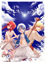  2boys aladdin_(magi) ali_baba_saluja blonde_hair blue_eyes blue_hair braid cloud commentary_request day female flute hayase_(tori3) instrument long_hair magi_the_labyrinth_of_magic midriff morgiana multiple_boys navel one_side_up red_eyes red_hair short_hair sky smile staff sun turban yellow_eyes 