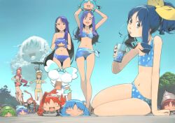  6+girls :d ^_^ akinbo_(hyouka_fuyou) bad_id bad_pixiv_id bikini blonde_hair blush breasts brown_eyes character_request chypre_(heartcatch_precure!) closed_eyes cloud coffret_(heartcatch_precure!) cup day drinking drinking_straw flat_chest green_hair hanasaki_tsubomi heartcatch_precure! holding jpeg_artifacts kurumi_erika kurumi_momoka long_hair looking_at_viewer lying medium_breasts multiple_girls myoudouin_itsuki navel on_stomach open_mouth photoshop_(medium) ponytail potpourri_(heartcatch_precure!) precure purple_hair red_hair sky smile sweatdrop swimsuit tsukikage_yuri turtle_shell twintails umbrella 