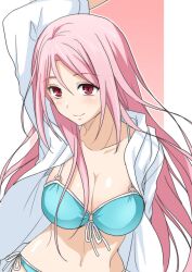  arm_up bikini blue_bikini breasts commentary_request female kuroko_no_basuke kurot large_breasts momoi_satsuki pink_eyes pink_hair smile solo swimsuit 