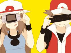  1boy bad_id bad_pixiv_id baseball_cap brown_hair controller female game_boy_advance game_console game_controller handheld_game_console hat holding holding_handheld_game_console leaf_(pokemon) long_hair pokemon pokemon_frlg pumpkinpan red_(pokemon) remote_control_(vocaloid) short_hair simple_background smile tongue vocaloid wii wii_remote wristband yellow_background 