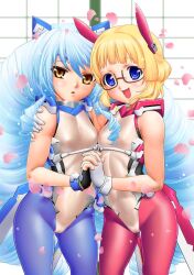  2girls :d :o adele_balfetto animal_ears blonde_hair blue_eyes blue_hair blue_legwear bodysuit bunny_ears cherry_blossoms drill_hair glasses hair_ornament hand_holding kyoukai_senjou_no_horizon kyoukaisenjou_no_horizon long_hair multiple_girls nate_mitotsudaira neito_mitotsudaira open_mouth pink_legwear rabbit_ears saida_kazuaki shoulders silver_hair smile very_long_hair yellow_eyes 