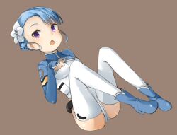  :o ass bad_id bad_pixiv_id belt blue_footwear blue_hair blunt_bangs blush boots braid breasts clenched_hand cropped_jacket dutch_angle female fin_e_ld_si_laffinty flower french_braid full_body grey_background hair_flower hair_ornament high_heel_boots high_heels highleg highleg_leotard knees_up leotard long_sleeves looking_at_viewer loose_belt muttan_(ashiru-f) open_mouth paw_pose pilot_suit purple_eyes rinne_no_lagrange short_hair sidelocks simple_background sitting sleeves_past_wrists small_breasts thighhighs turtleneck white_legwear 