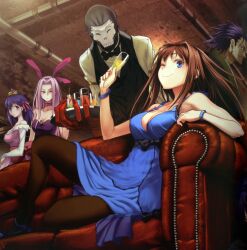  2boys 3girls ;) alcohol animal_ears aozaki_aoko bare_shoulders between_breasts black_skin blue_eyes bracelet breasts bridal_gauntlets brown_hair butler champagne choker cleavage colored_skin company_connection couch dress drink fate/stay_night fate/zero fate_(series) glass gown hair_intakes hassan_of_the_cursed_arm_(fate) hat highres imageboard_desourced jewelry large_breasts mahou_tsukai_no_yoru mask matou_sakura matou_zouken medusa_(fate) medusa_(rider)_(fate) mini_hat multiple_boys multiple_girls non-web_source one_eye_closed pantyhose photoshop_(medium) purple_eyes purple_hair rabbit_ears reclining smile task_owner time_paradox type-moon 