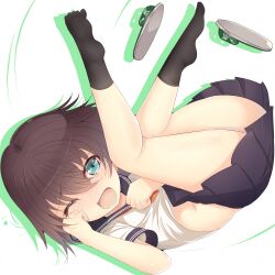  aqua_eyes bad_id bad_pixiv_id blush brown_hair commentary_request female one_eye_closed open_mouth original sandals school_uniform serafuku short_hair skirt socks solo sts tears wiping_tears 