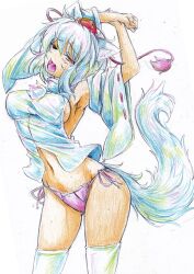  animal_ears arm_up bad_id bad_pixiv_id breasts colored_pencil_(medium) cowboy_shot detached_sleeves female hat highres inubashiri_momiji kitazinger medium_breasts navel no_pants open_mouth panties pink_panties red_eyes short_hair side-tie_panties simple_background solo stretching tail tokin_hat touhou traditional_media underwear white_background white_hair wolf_ears wolf_tail yawning 