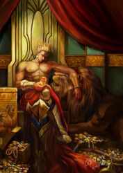  1boy alcohol armor blonde_hair chalice commentary_request crown207 cup earrings fate/zero fate_(series) gilgamesh_(fate) gold jewelry lion manly photoshop_(medium) red_eyes signature throne topless_male treasure vambraces wine 