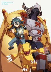  1boy agumon bad_id bad_pixiv_id blue_eyes blue_hair digimon digimon_(creature) digimon_world_re:digitize glowing goggles hajime_(hajime-ill-1st) highres taiga_(digimon) wargreymon 