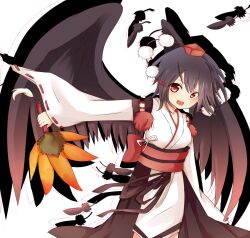  black_hair black_wings commentary_request female hat highres kourindou_tengu_costume looking_at_viewer open_mouth red_eyes shameimaru_aya short_hair smile solo tokin_hat tosura-ayato touhou wings 