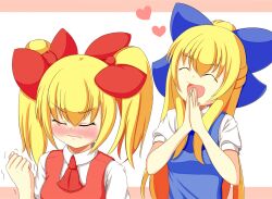  2girls alternate_hairstyle ascot blonde_hair blush bow clenched_hands closed_eyes commentary_request hairbow heart hourai_doll konbini@7-23 long_hair multiple_girls open_mouth own_hands_clasped own_hands_together shanghai_doll short_sleeves touhou trembling 