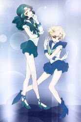  2girls bad_id bad_pixiv_id bishoujo_senshi_sailor_moon blonde_hair blue_choker blue_eyes blue_footwear blue_sailor_collar blue_skirt boots bow choker elbow_gloves gloves green_eyes green_hair high_heels kaiou_michiru long_hair magical_girl multiple_girls outer_senshi ruguran sailor_collar sailor_neptune sailor_senshi sailor_senshi_uniform sailor_uranus school_uniform serafuku shoes short_hair skirt strappy_heels ten&#039;ou_haruka tiara very_short_hair white_gloves yellow_bow 