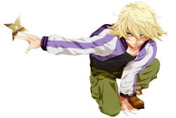  1boy blonde_hair commentary_request ivan_karelin jacket letterman_jacket male_focus purple_eyes purple_jacket shuriken solo tiger_&amp;_bunny u-tuki weapon 