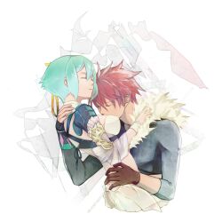  1boy aqua_hair aquarion_(series) aquarion_evol blush closed_eyes commentary_request couple female gloves hair_ribbon kagura_demuri navel nigiri_(guran2) photoshop_(medium) red_hair ribbon short_hair sleeping straight zessica_wong 