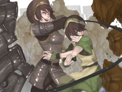  2girls adult armor avatar:_the_last_airbender belt black_hair blind blue_eyes chinese_clothes dual_persona fighting_stance grey_eyes gyehu_kim hairband legend_of_korra lolicon metal multiple_girls older rock smile the_legend_of_korra time_paradox toph_bei_fong wire 