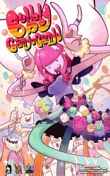  2boys \n/ adventure_time balloon bmo candy cosplay dessert duplicate female finn_the_human food gashi-gashi highres ice_king jake_the_dog kyary_pamyu_pamyu kyary_pamyu_pamyu_(cosplay) marceline_abadeer multiple_boys one_eye_closed parody pink_hair princess_bonnibel_bubblegum sparkle thumbs_up 