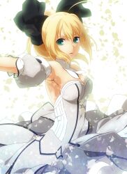  ahoge artoria_pendragon_(fate) bad_id bad_pixiv_id bare_shoulders blonde_hair bow detached_sleeves dress fate/stay_night fate/unlimited_codes fate_(series) female green_eyes hairbow light_particles long_hair pochi-a ponytail saber_lily solo 