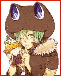  1boy animal_hat bad_id bad_pixiv_id belphegor_(reborn) blonde_hair border fran_(reborn) green_eyes green_hair hair_over_eyes hat katekyo_hitman_reborn! male_focus one_eye_closed puppet red_border shirt simple_background smile solo striped_clothes striped_shirt tiara toma_(me666nm) 