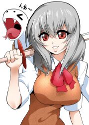  alternate_eye_color bad_id bad_pixiv_id binbougami_ga! dress_shirt fangs female grey_hair grin long_hair mattari_yufi open_mouth red_eyes sakura_ichiko school_uniform shinai shirt smile snake solo sweater_vest sword tongue tongue_out upper_body vest weapon 