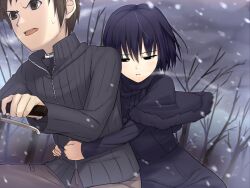  1boy black_eyes black_hair bob_cut breath brown_eyes brown_hair commentary_request female half-closed_eyes hug hug_from_behind kuonji_alice level.21 mahou_tsukai_no_yoru open_mouth shizuki_soujuurou short_hair snowing sweat winter_clothes 