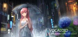  2girls aqua_hair city commentary_request d-zhai dress flower hatsune_miku hydrangea long_hair megurine_luka multiple_girls photoshop_(medium) pink_hair rain transparent transparent_umbrella twintails umbrella vocaloid 