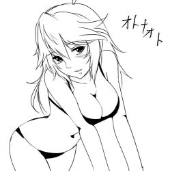  aged_up alternate_hair_length alternate_hairstyle bikini breasts cleavage commentary_request female greyscale hip_focus large_breasts legs long_hair looking_at_viewer monochrome persona persona_4 persona_x_detective shirogane_naoto solo suta_furachina swimsuit 