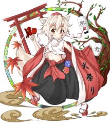  animal_ears candy_apple chocolate_banana commentary_request female festival food fruit geta hat ikayaki inubashiri_momiji lantern nuts0610 orange_eyes short_hair sleeveless smile solo squid tail tengu-geta tokin_hat touhou water_yoyo white_background white_hair wolf_ears wolf_tail 